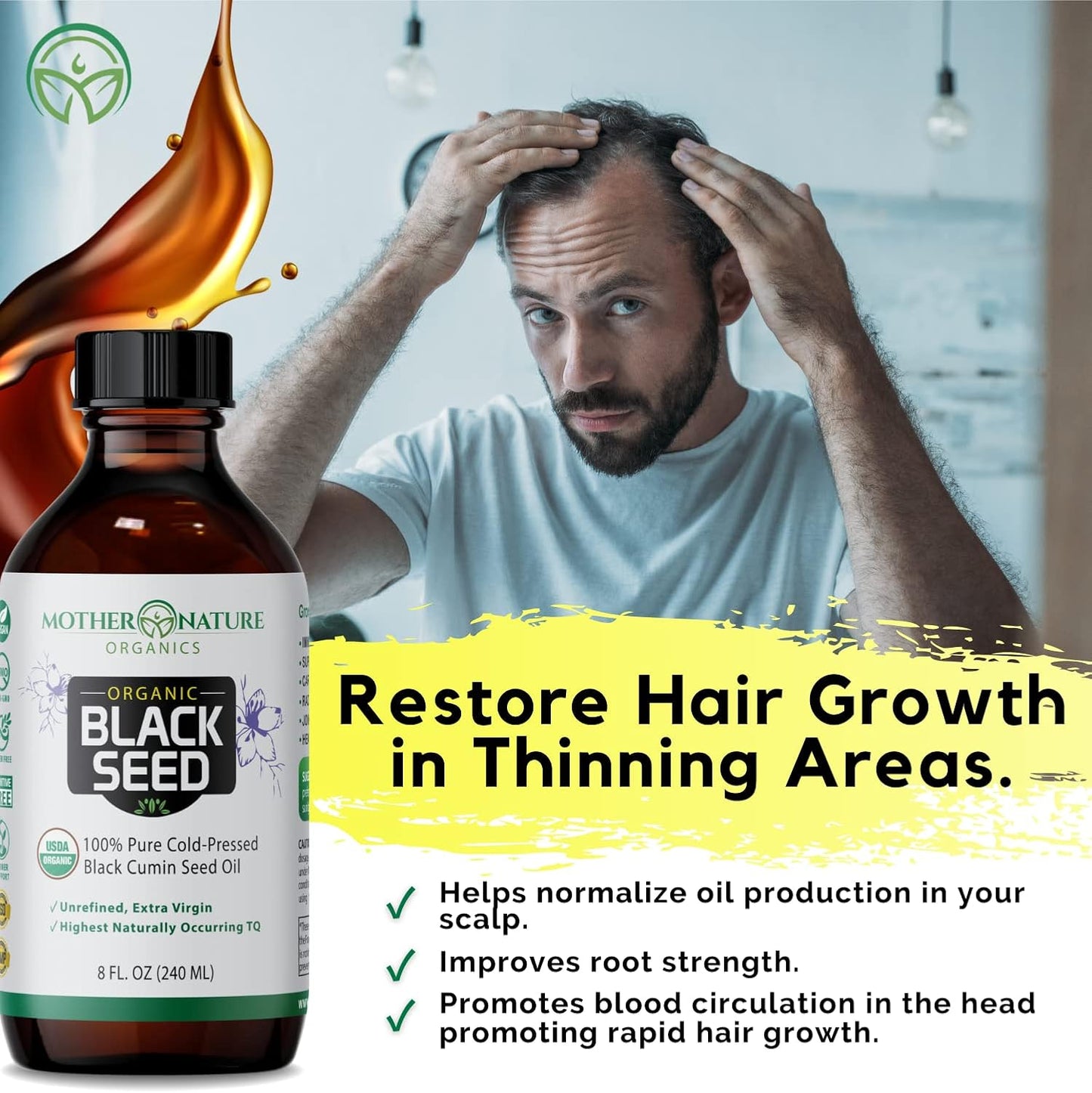 Mother Nature Organics Black Seed Oil - 100% Pure Turkish Cumin Seed Oil for Digestion, Joints, Hair & Skin - Cold Pressed & Unrefined - 8oz Glass Bottle