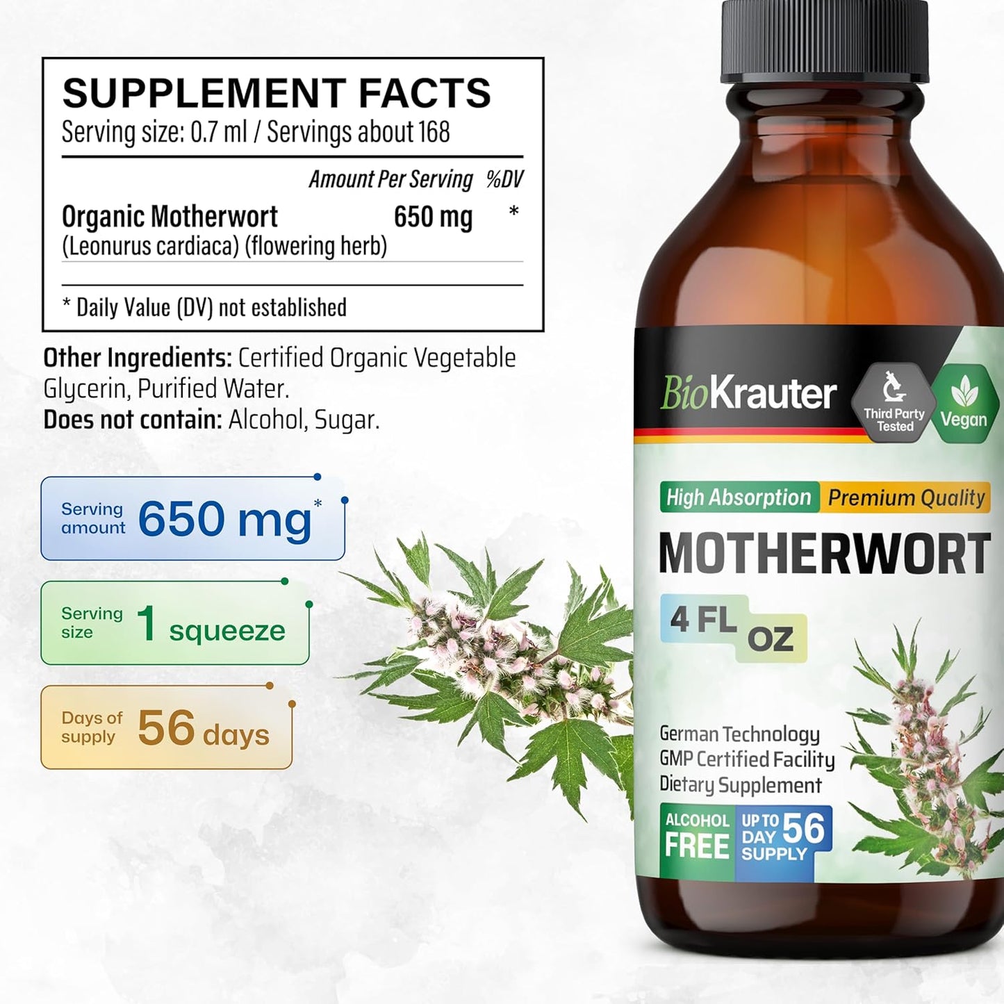 Motherwort Herbal Tincture for Women's Health - Liquid Supplement to Promote Calmness - Vegan and Sugar-Free - 4 Fl.Oz.