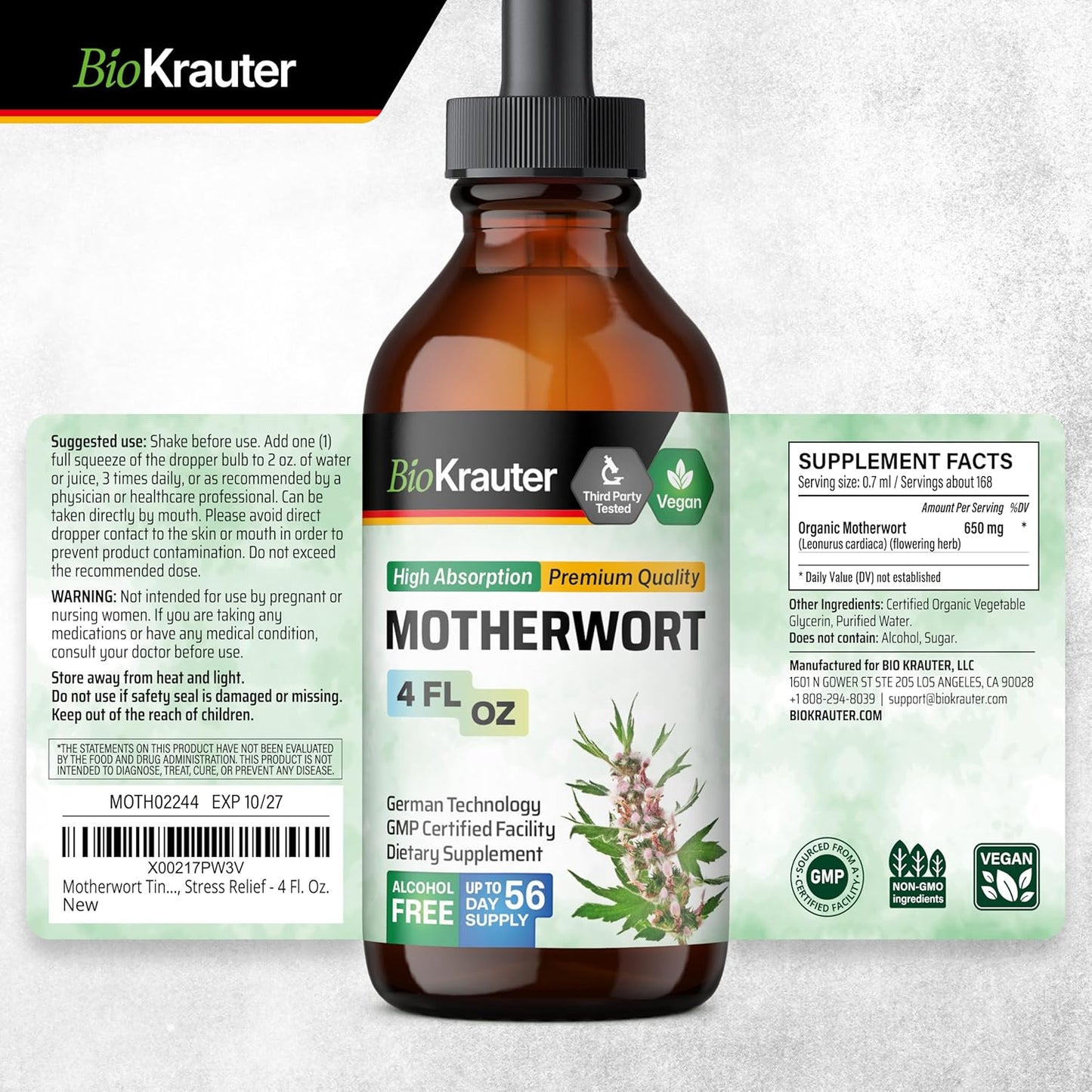 Motherwort Herbal Tincture for Women's Health - Liquid Supplement to Promote Calmness - Vegan and Sugar-Free - 4 Fl.Oz.
