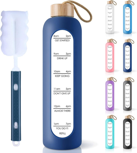 Motivational 1L Borosilicate Glass Water Bottle with Time Marker, Leak Proof BPA Free Reusable Bottle - Silicone Sleeve, Bamboo Lid
