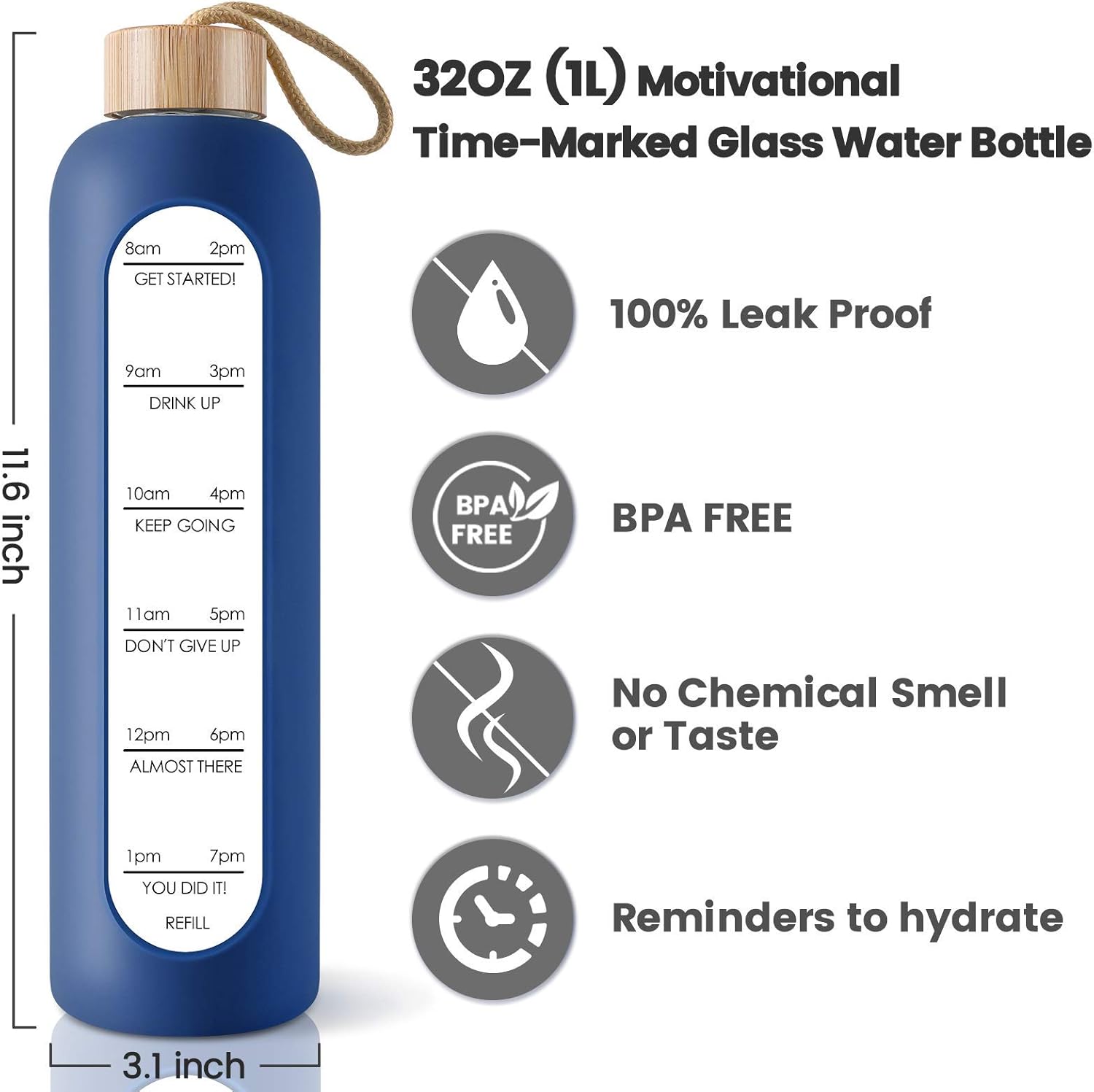Motivational 1L Borosilicate Glass Water Bottle with Time Marker, Leak Proof BPA Free Reusable Bottle - Silicone Sleeve, Bamboo Lid