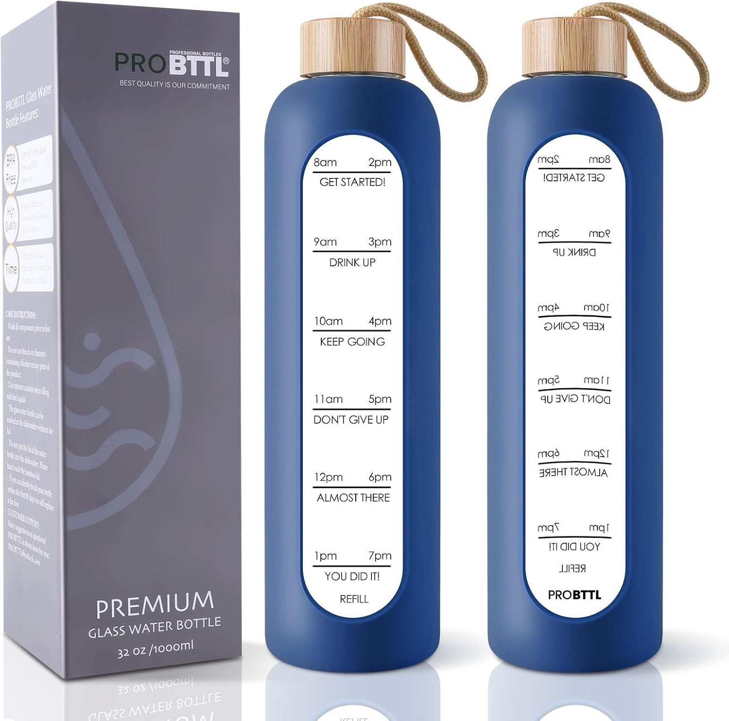 Motivational 1L Borosilicate Glass Water Bottle with Time Marker, Leak Proof BPA Free Reusable Bottle - Silicone Sleeve, Bamboo Lid