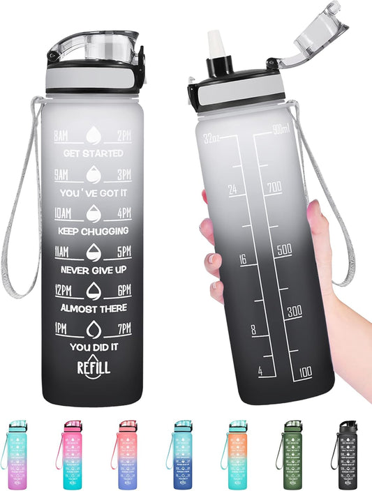 Motivational Leakproof BPA-Free Water Bottle with Time Markings and Straw for Fitness & Sports, Office, Gym, Outdoor