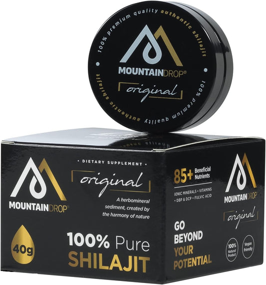 MountainDrop High Altitude 100% Pure Natural Shilajit Resin - 85 Beneficial Ingredients, 53 DBP & DCP, 18+Amino & Fulvic Acids - Supports Physical, Mental, Emotional Functions - Ionic Absorption - 40g