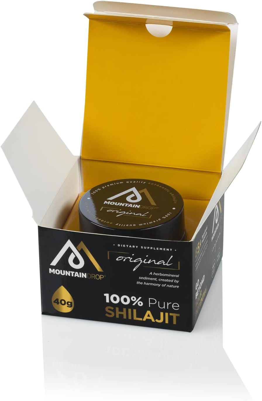 MountainDrop High Altitude 100% Pure Natural Shilajit Resin - 85 Beneficial Ingredients, 53 DBP & DCP, 18+Amino & Fulvic Acids - Supports Physical, Mental, Emotional Functions - Ionic Absorption - 40g