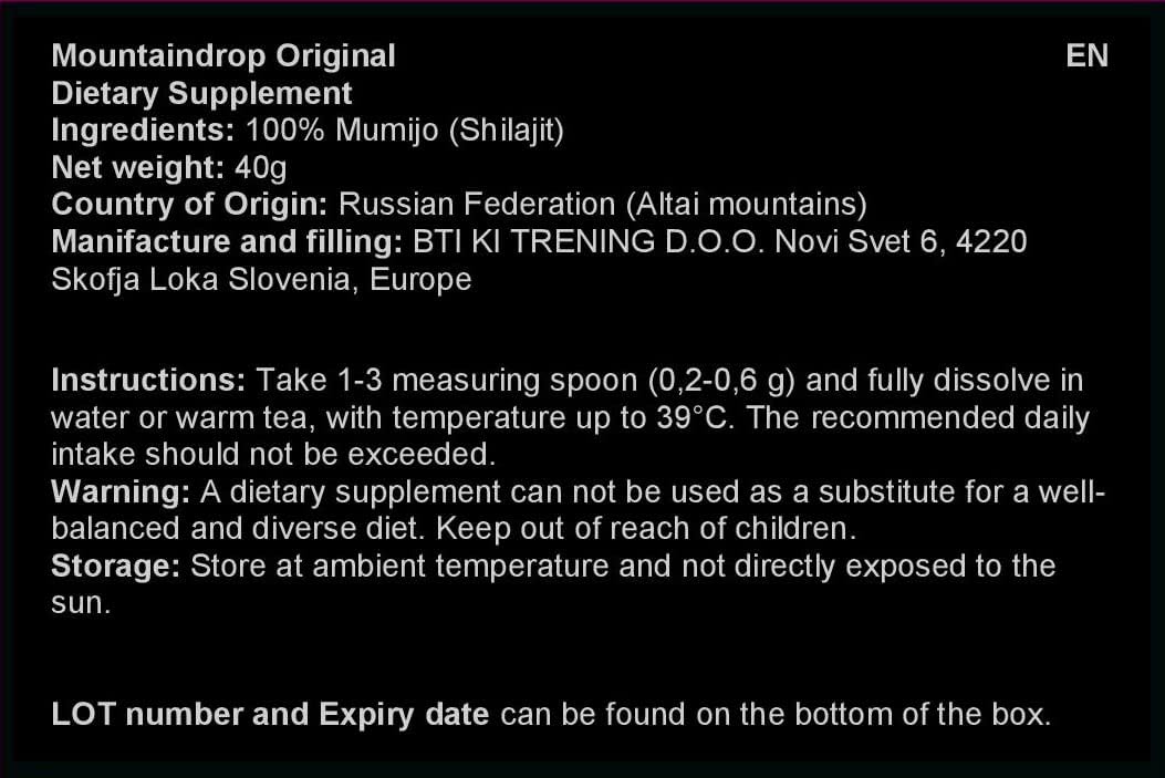 MountainDrop High Altitude 100% Pure Natural Shilajit Resin - 85 Beneficial Ingredients, 53 DBP & DCP, 18+Amino & Fulvic Acids - Supports Physical, Mental, Emotional Functions - Ionic Absorption - 40g