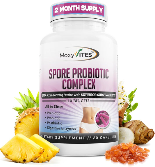 MoxyVites All-In-One Spore Probiotic Complex with Prebiotics, Postbiotics, and Enzymes - Daily Digestive Health Supplement for Women & Men