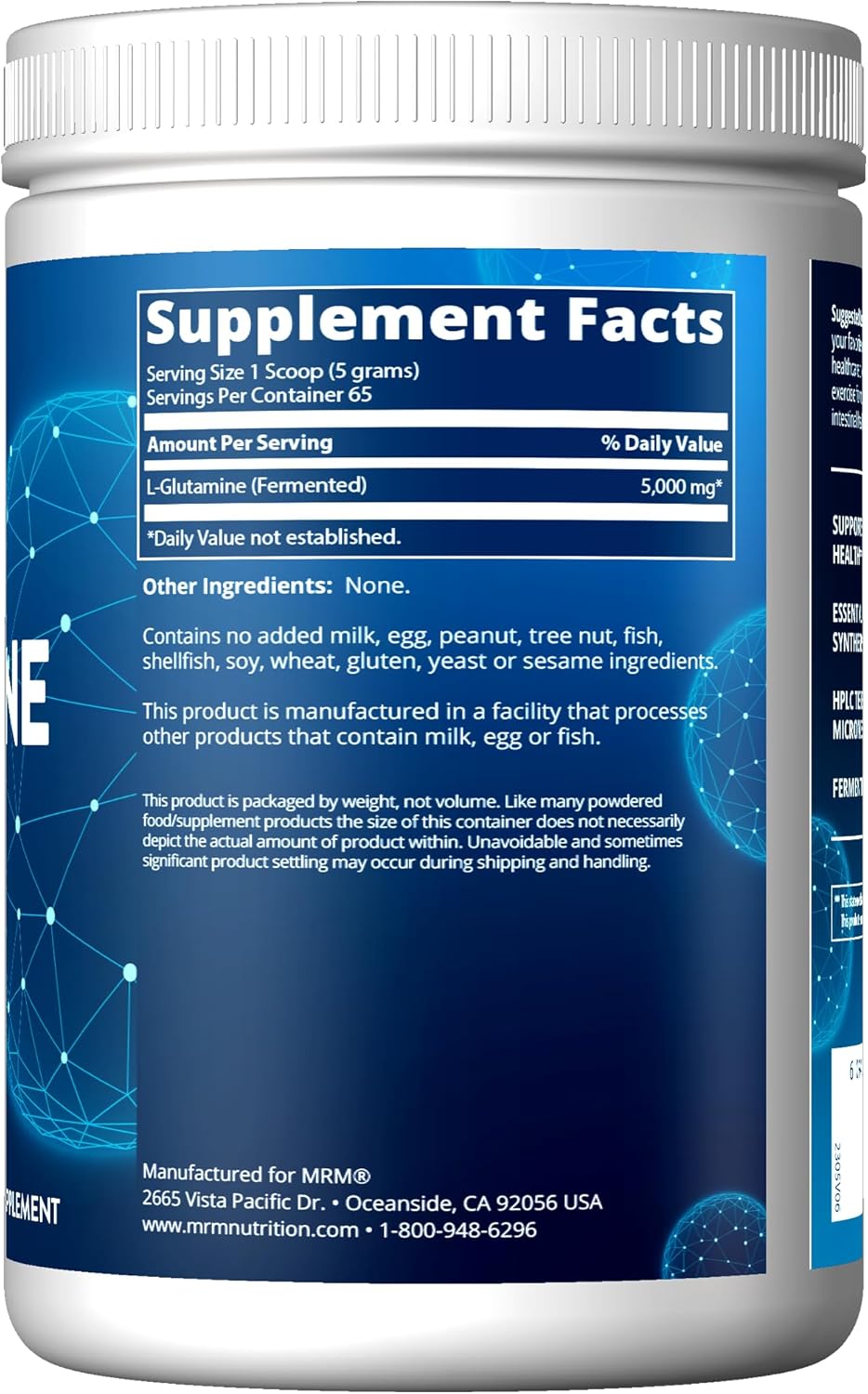 MRM Nutrition L-Glutamine 5000mg Supplement for Recovery, Muscle Support, and Immune + Gut Health - 65 Servings