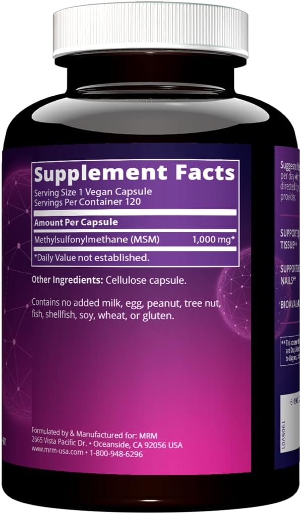 MSM 1000mg Capsules for Joint Health, Hair, Skin, Nails | Bioavailable Sulfur Supplement | Vegan, Gluten-Free | 120 Servings