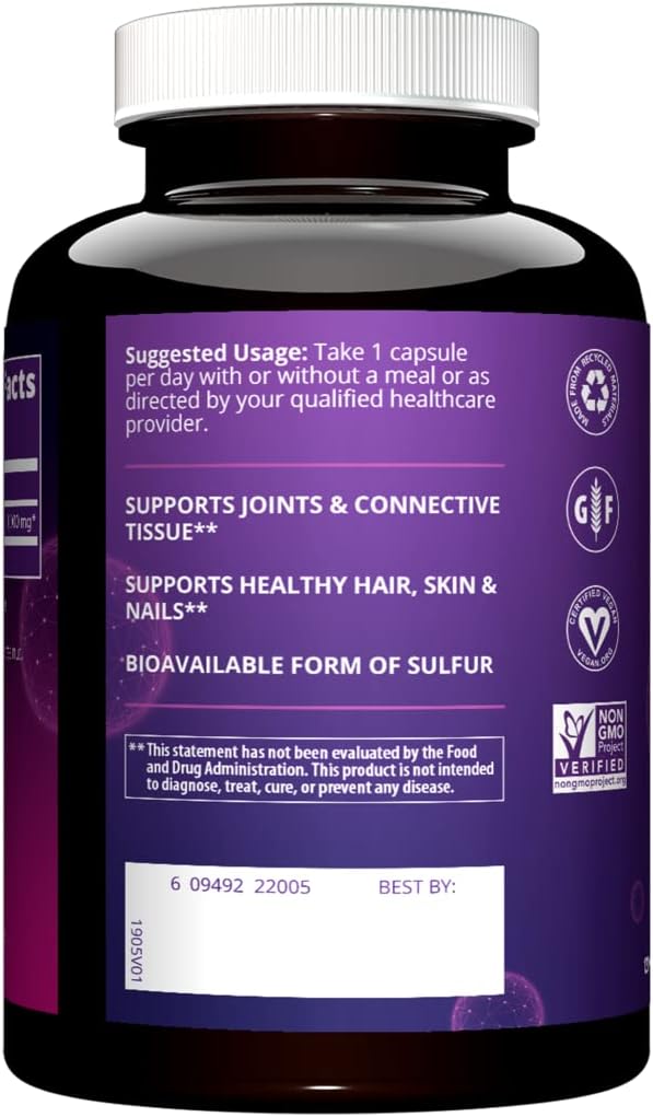 MSM 1000mg Capsules for Joint Health, Hair, Skin, Nails | Bioavailable Sulfur Supplement | Vegan, Gluten-Free | 120 Servings