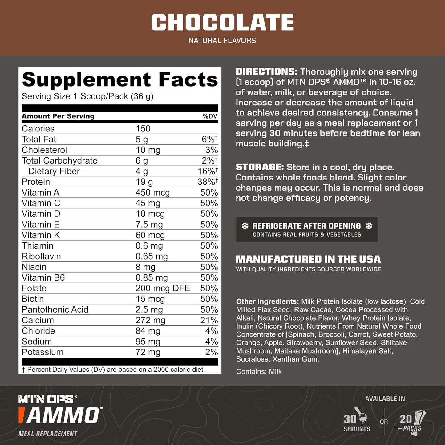 MTN OPS Ammo Chocolate Protein Powder Shake - 28 Servings for Lean Muscle Building