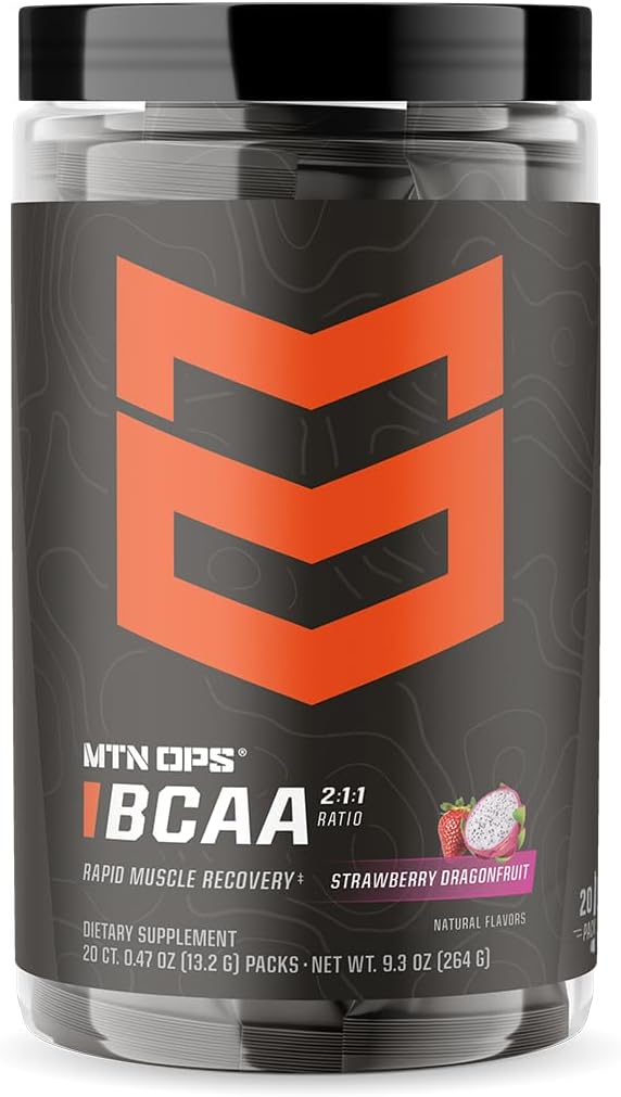 MTN OPS BCAA 2:1:1 Amino Acids Powder for Muscle Recovery - Strawberry Dragonfruit Trail Packs, 30 Servings