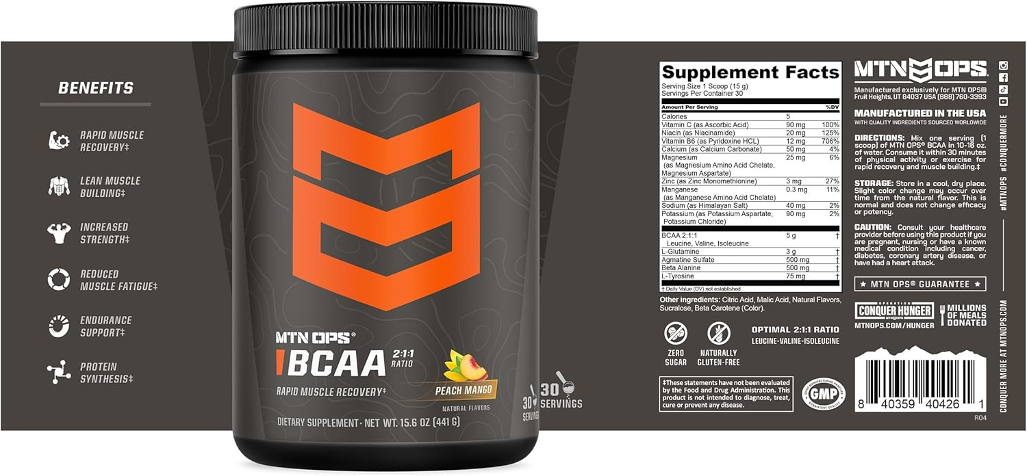 MTN OPS BCAA 2:1:1 Amino Acids Supplement Powder - Peach Mango Flavor, 30 Servings, Gluten Free, Zero Sugar - Ideal for Rapid Muscle Recovery & Repair