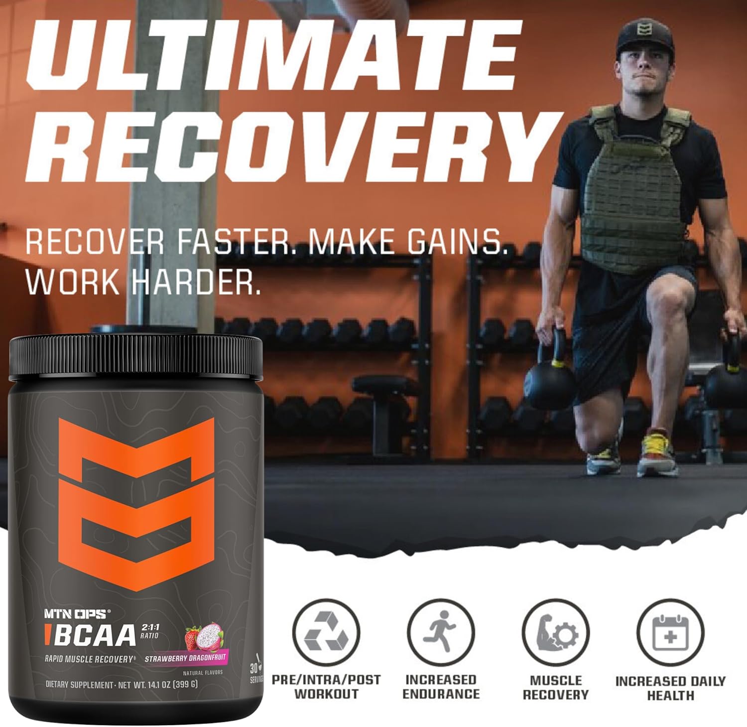 MTN OPS BCAA 2:1:1 Amino Acids Supplement Powder - Peach Mango Flavor, 30 Servings, Gluten Free, Zero Sugar - Ideal for Rapid Muscle Recovery & Repair