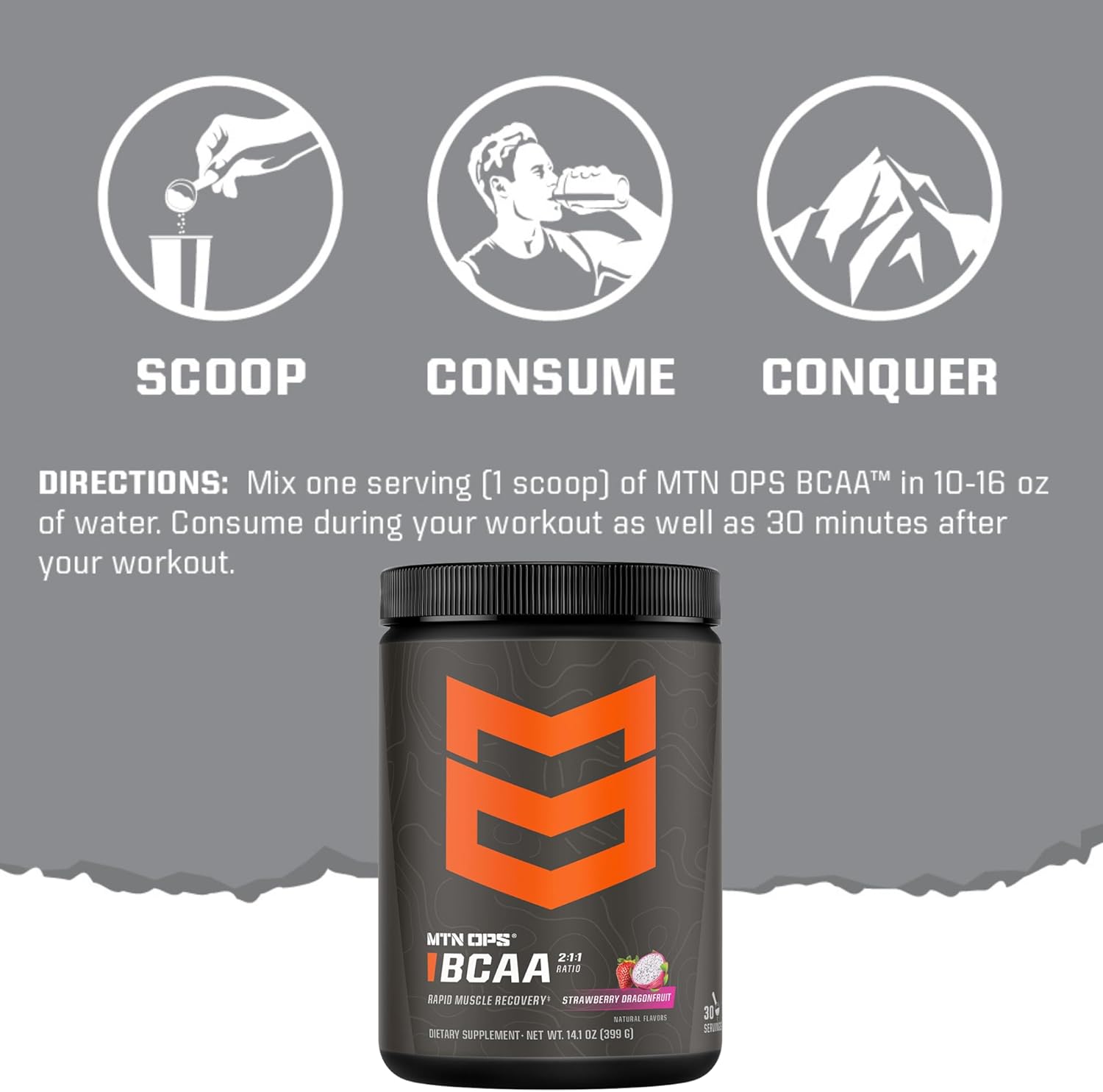 MTN OPS BCAA 2:1:1 Amino Acids Supplement Powder - Peach Mango Flavor, 30 Servings, Gluten Free, Zero Sugar - Ideal for Rapid Muscle Recovery & Repair