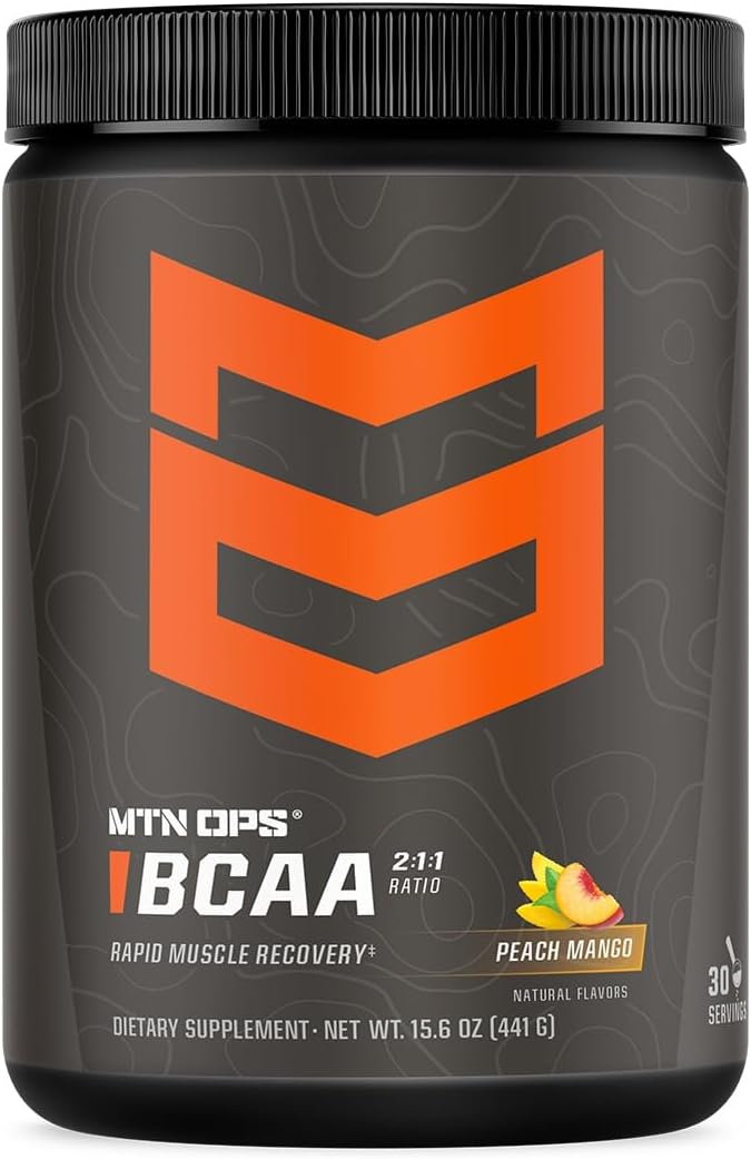 MTN OPS BCAA 2:1:1 Amino Acids Supplement Powder - Peach Mango Flavor, 30 Servings, Gluten Free, Zero Sugar - Ideal for Rapid Muscle Recovery & Repair