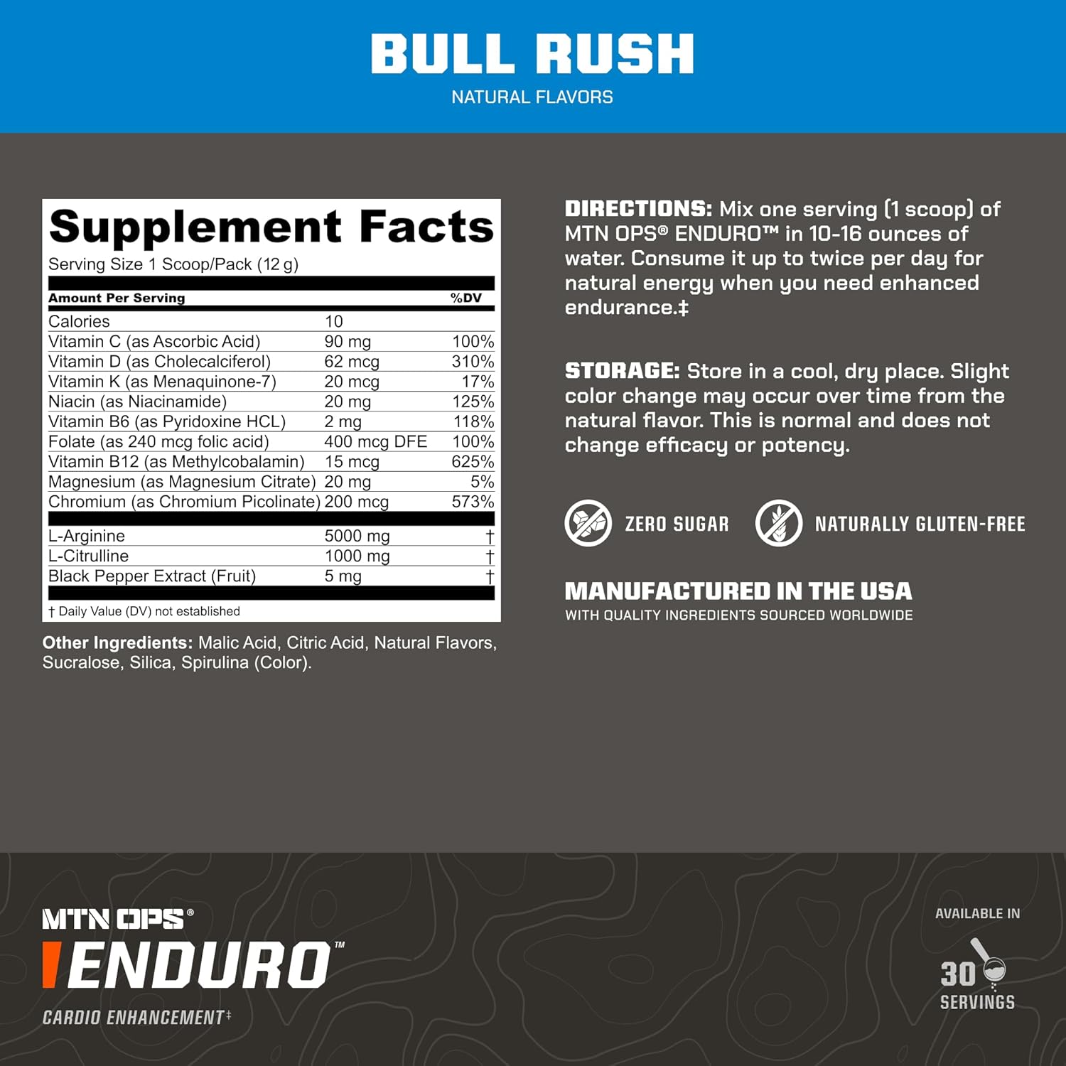 MTN OPS Enduro Nitric Oxide Supplement & Stim-Free Pre Workout - Bull Rush Flavor - 30 Servings - Enhances Performance & Endurance