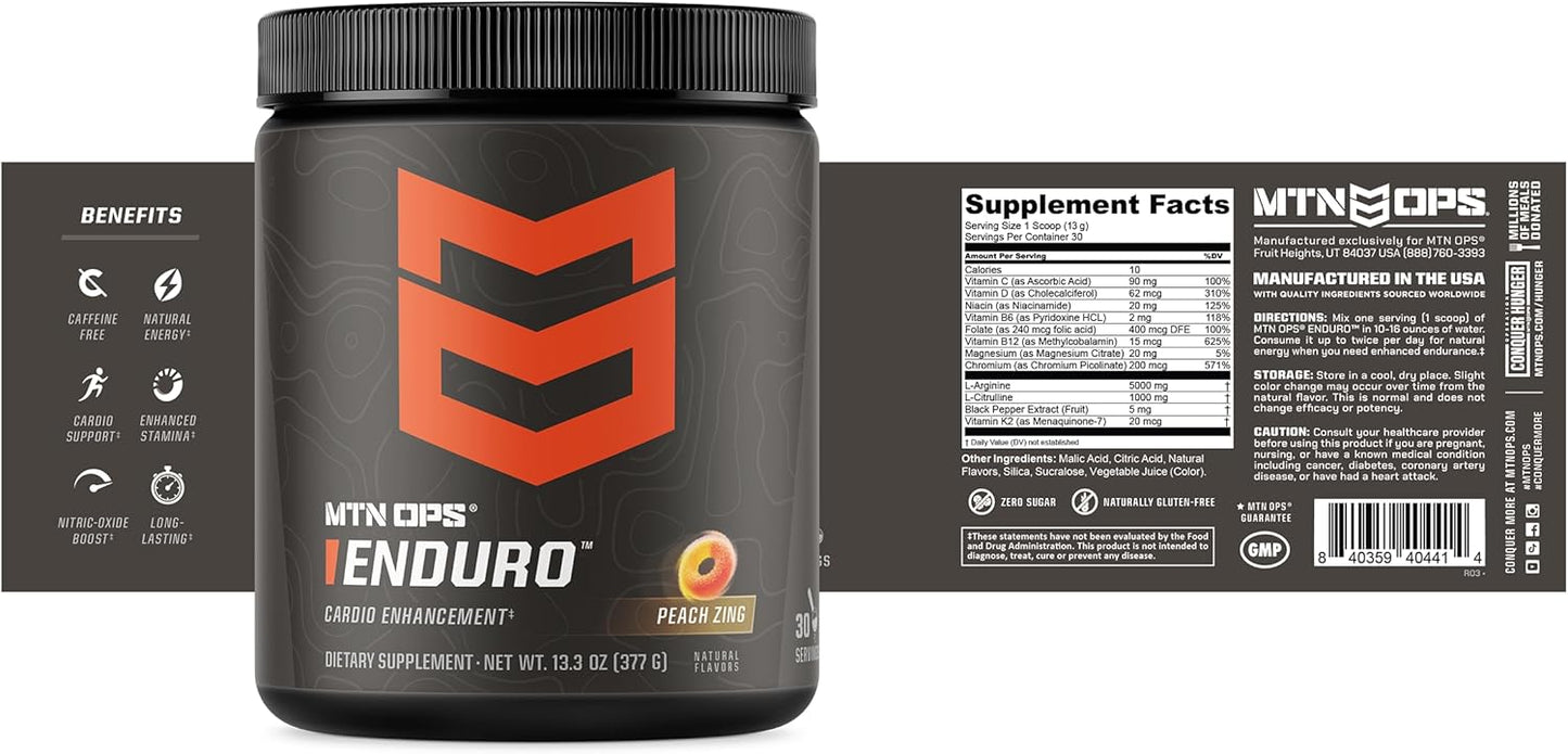 MTN OPS Enduro Nitric Oxide Supplement & Stim-Free Pre Workout - Peach Zing - 30 Servings - Magnesium Citrate, Beet Root Powder, Niacinamide