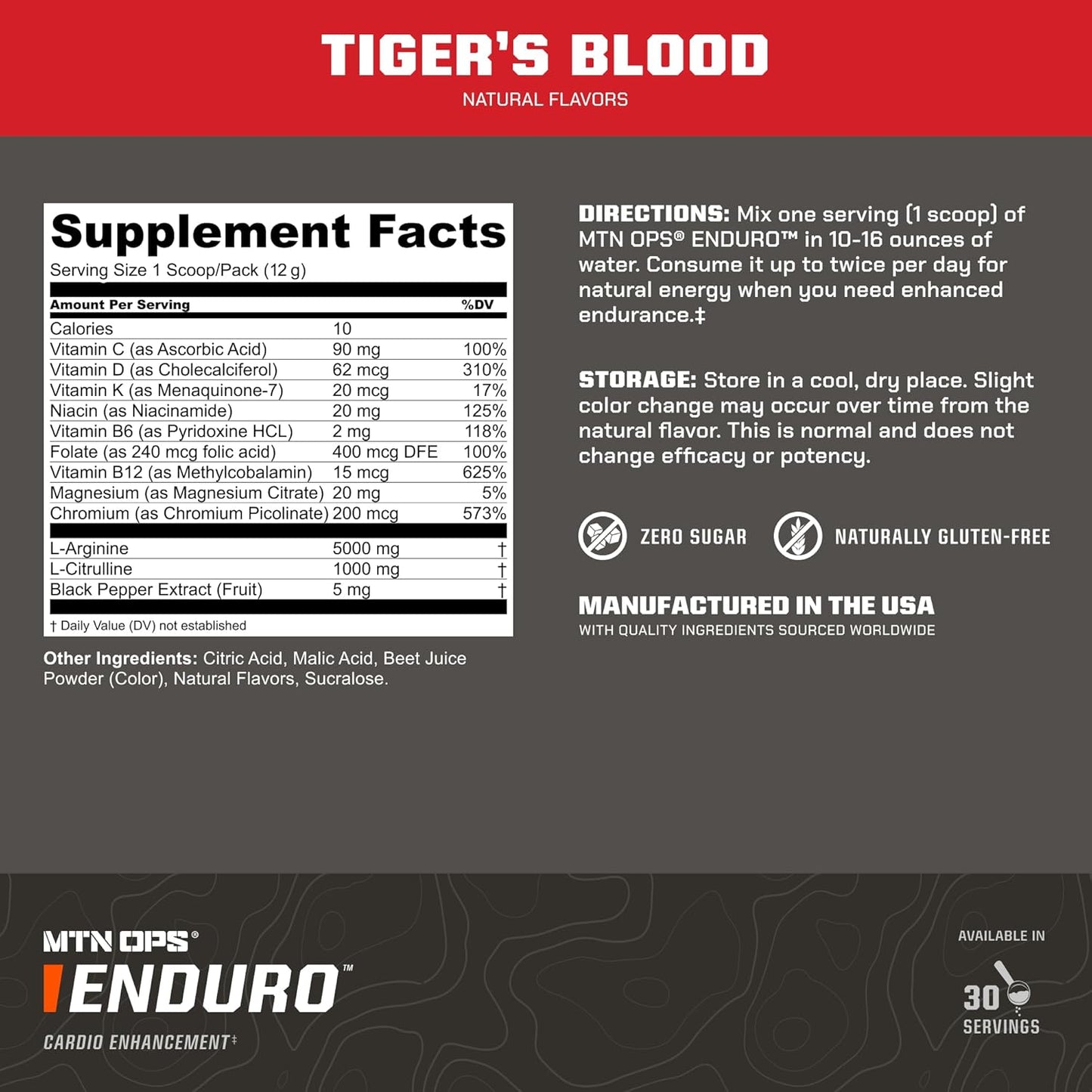 MTN OPS Enduro Nitric Oxide Supplement with Magnesium Citrate - Tiger's Blood Flavor - 30 Servings