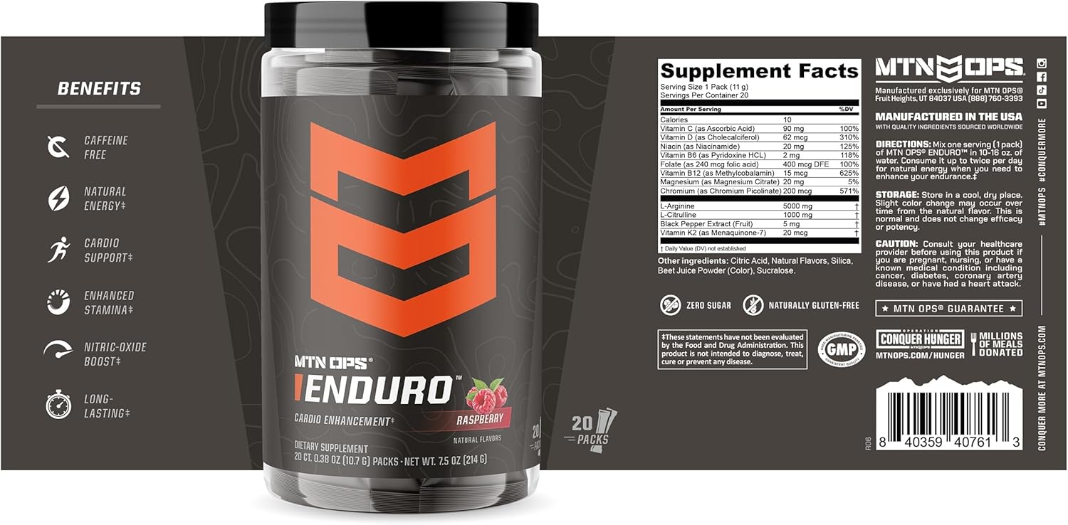 MTN OPS Enduro Trail Packs: Nitric Oxide & Stim-Free Pre Workout - 20 Servings - Magnesium Citrate, Beet Root, Niacinamide - Raspberry Flavor