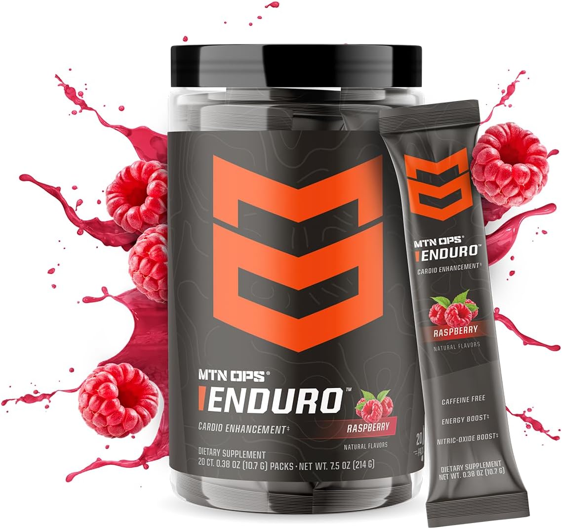 MTN OPS Enduro Trail Packs Stimulant-Free Pre Workout with Nitric Oxide Boost | Raspberry Flavor | 20 Servings