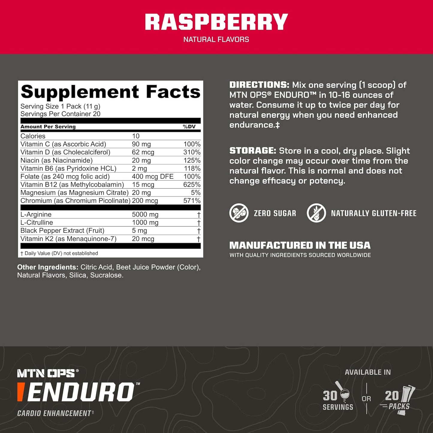 MTN OPS Enduro Trail Packs Stimulant-Free Pre Workout with Nitric Oxide Boost | Raspberry Flavor | 20 Servings