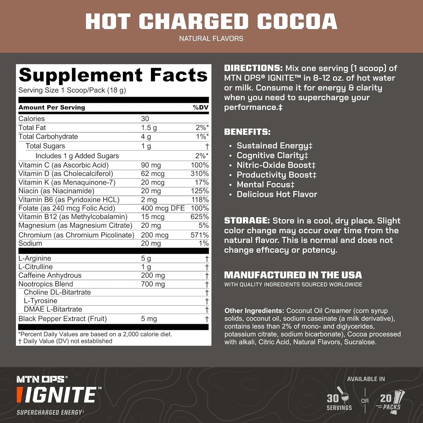 MTN OPS Hot Ignite Charged Cocoa Energy Drink Mix - Focus Enhancer (30 Servings)