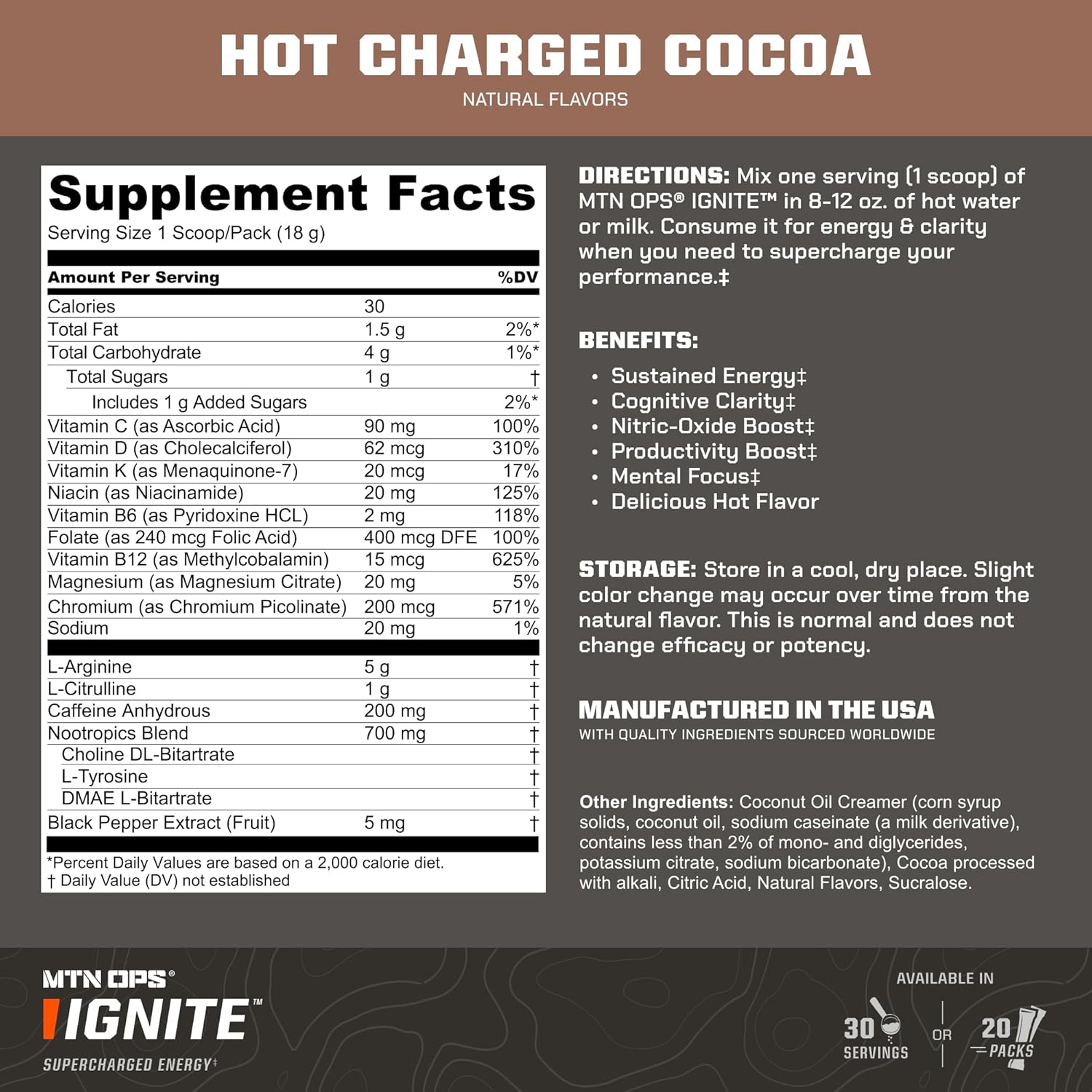MTN OPS Hot Ignite Charged Cocoa Energy Drink Mix - Focus Enhancer (30 Servings)
