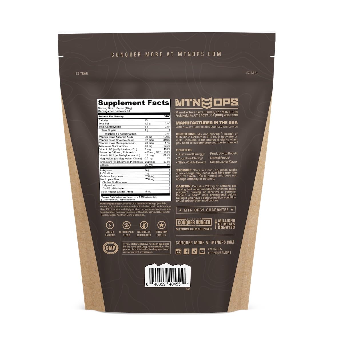 MTN OPS Hot Ignite Supercharged Energy Drink Mix: Hazelnut Cocoa Flavor, 30-Servings