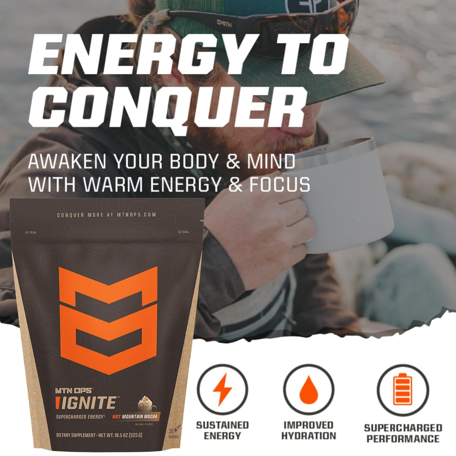 MTN OPS Hot Ignite Supercharged Energy Drink Mix: Hazelnut Cocoa Flavor, 30-Servings