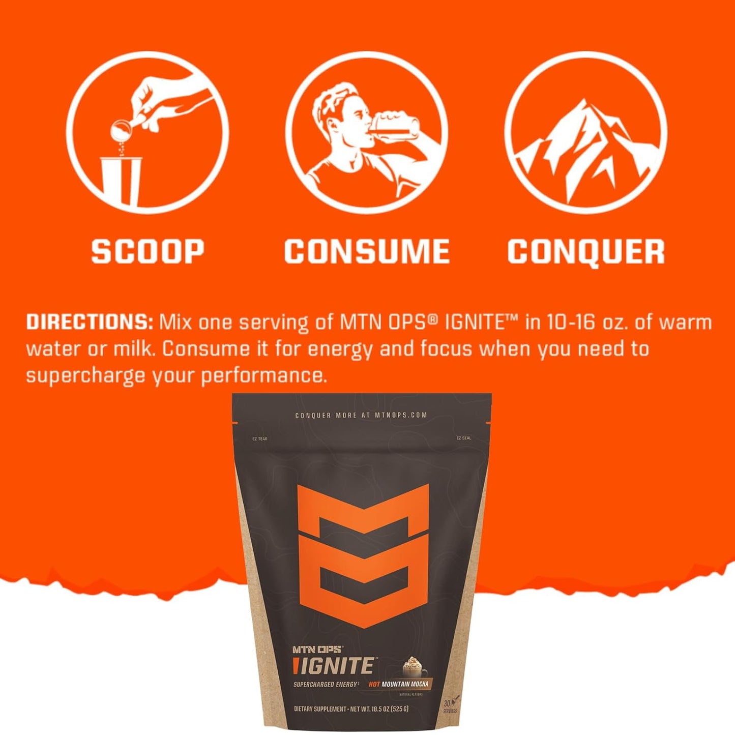 MTN OPS Hot Ignite Supercharged Energy Drink Mix: Hazelnut Cocoa Flavor, 30-Servings