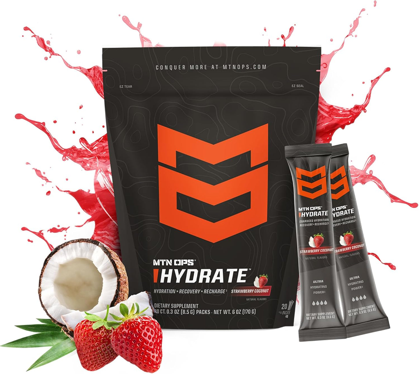 MTN OPS Hydrate Electrolyte Powder Drink Mix - 20 On-The-Go Packs, Strawberry Coconut Flavor, 1000mg Electrolytes