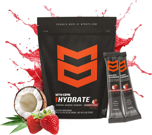 MTN OPS Hydrate Electrolyte Powder Drink Mix - 20 On-The-Go Packs, Strawberry Coconut Flavor, 1000mg Electrolytes