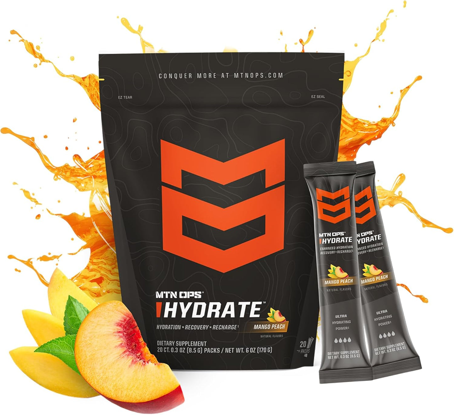 MTN OPS Hydrate Electrolyte Powder Drink Mix - 20 Single Serving Packs, Mango Peach Flavor, 1000mg of Electrolytes