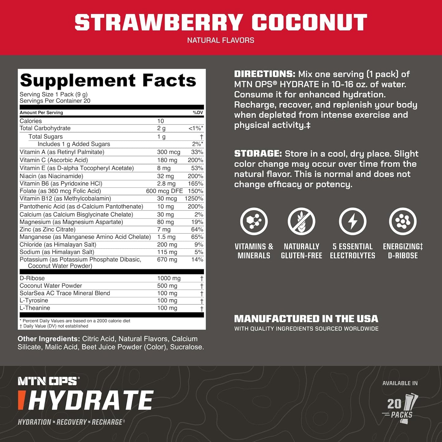 MTN OPS Hydrate Electrolyte Powder Drink Mix - 20 On-The-Go Packs, Strawberry Coconut Flavor, 1000mg Electrolytes