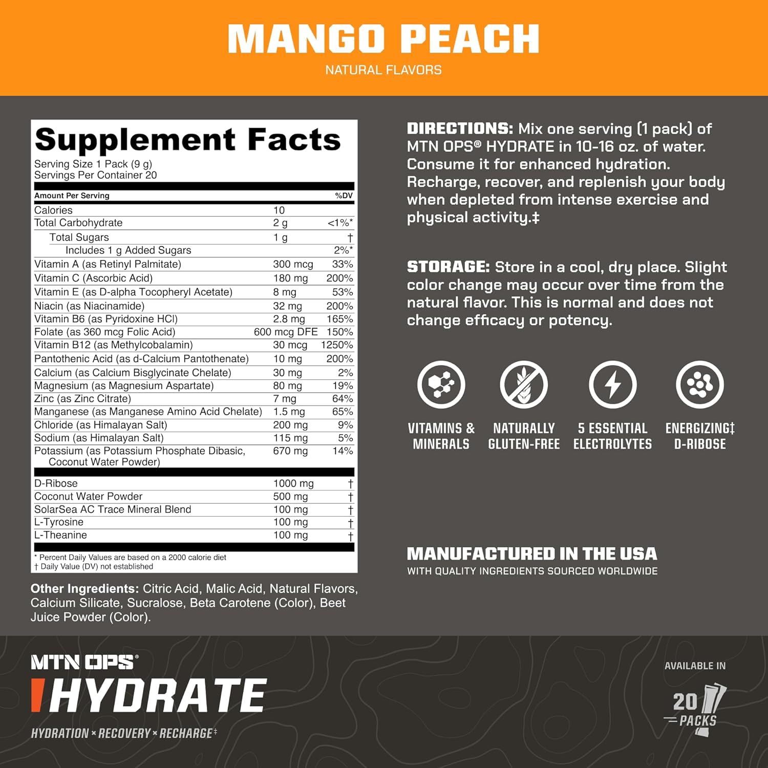 MTN OPS Hydrate Electrolyte Powder Drink Mix - 20 Single Serving Packs, Mango Peach Flavor, 1000mg of Electrolytes