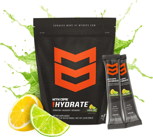 MTN OPS Hydrate Electrolytes Powder Drink Mix - 20 Single Serving On-The-Go Packs, Lemon Lime Flavor, 1000mg Electrolytes