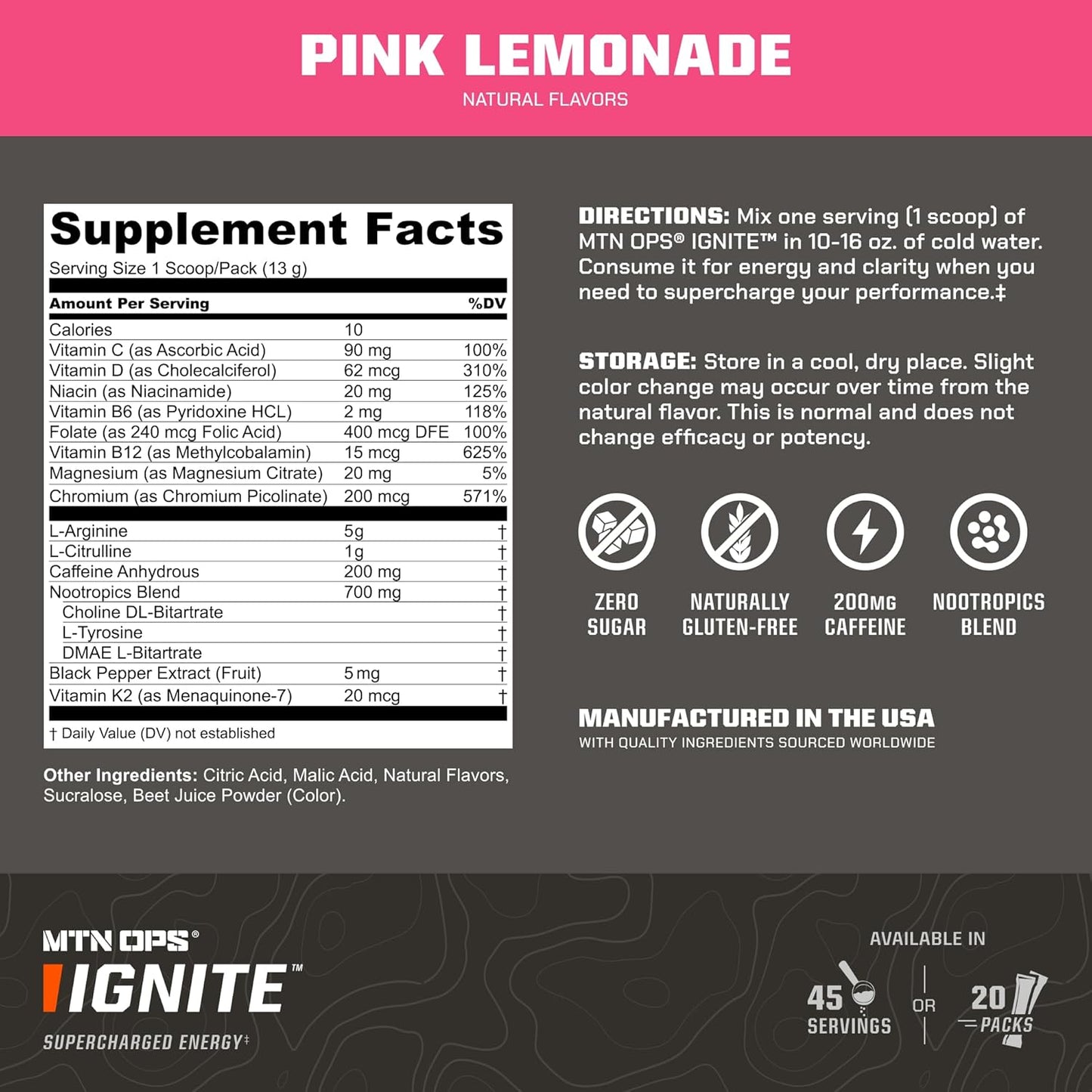 MTN OPS Ignite Trail Pack Pink Lemonade Energy Drink Mix 20 Servings - Boosted Energy