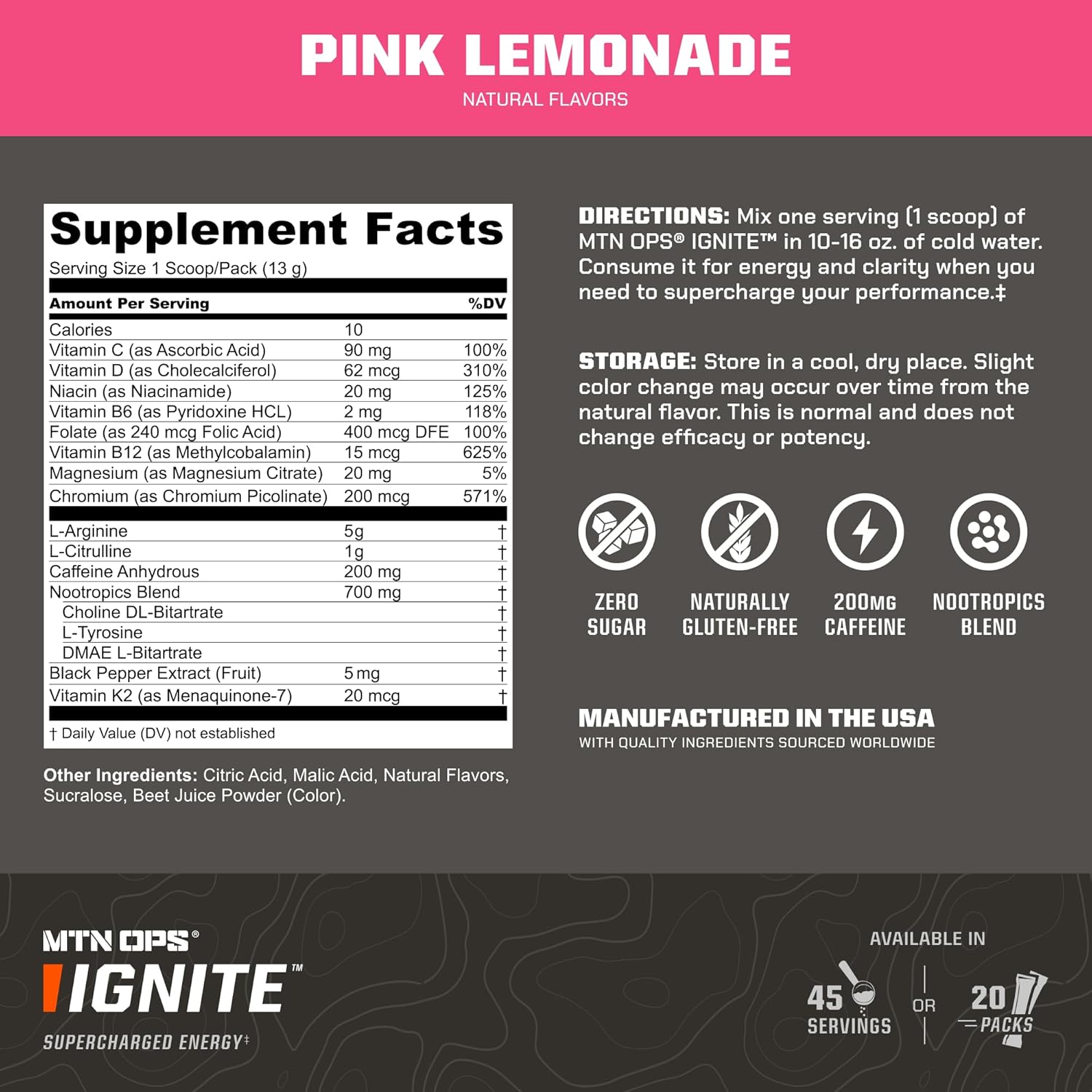 MTN OPS Ignite Trail Pack Pink Lemonade Energy Drink Mix 20 Servings - Boosted Energy