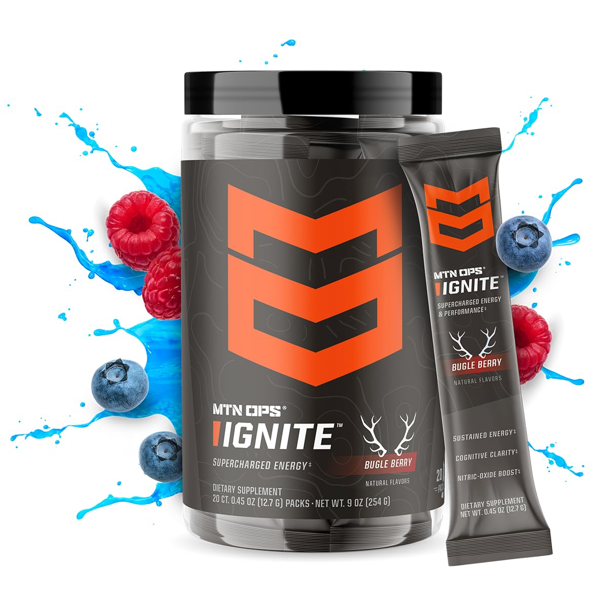 MTN OPS Ignite Trail Packs Energy Drink Powder - Gluten Free Nitric Oxide Supplement with L Arginine, L Citrulline, Caffeine & Nootropic - Sugar Free Drink Mix, 20 Servings - Bugle Berry Flavor