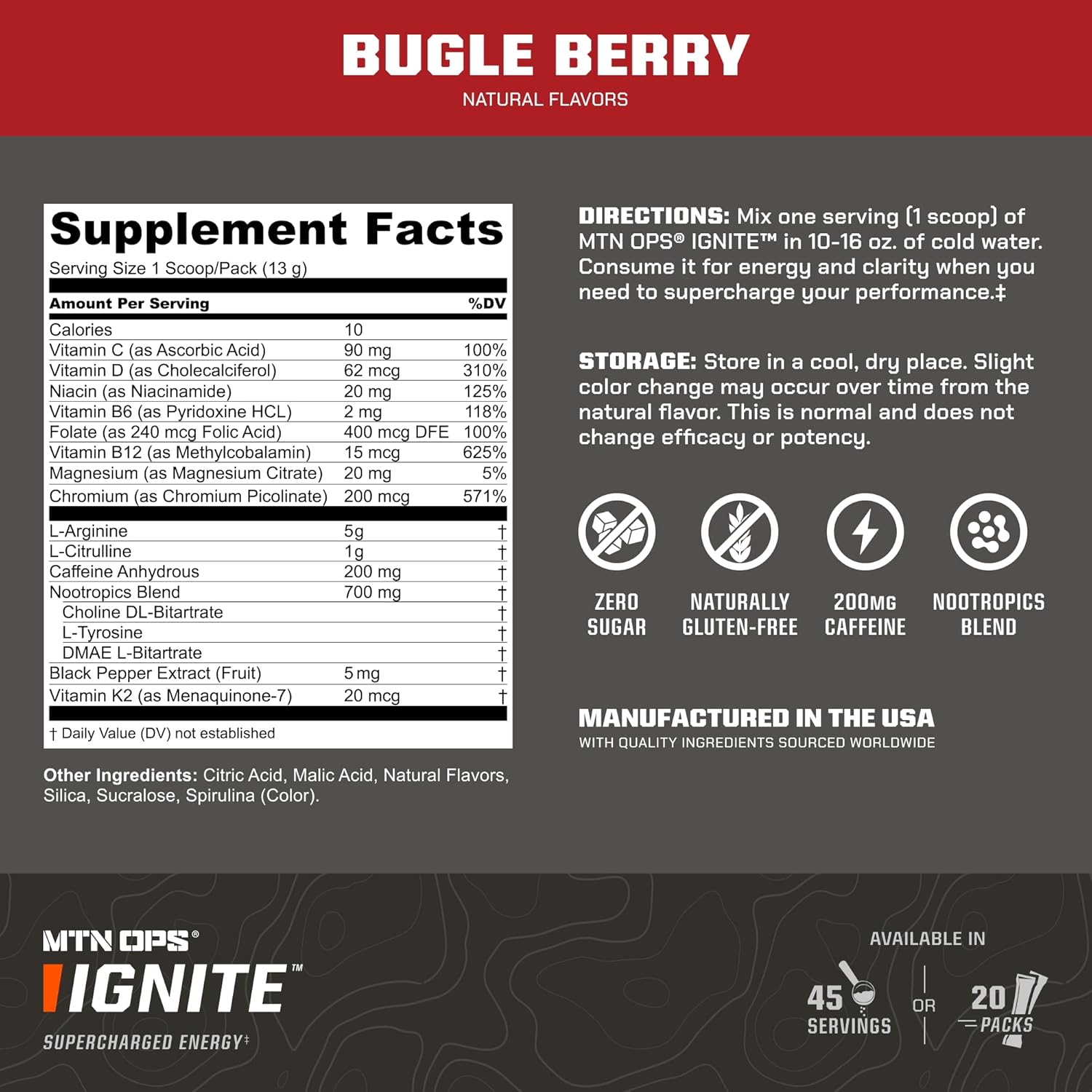 MTN OPS Ignite Trail Packs Energy Drink Powder - Gluten Free Nitric Oxide Supplement with L Arginine, L Citrulline, Caffeine & Nootropic - Sugar Free Drink Mix, 20 Servings - Bugle Berry Flavor