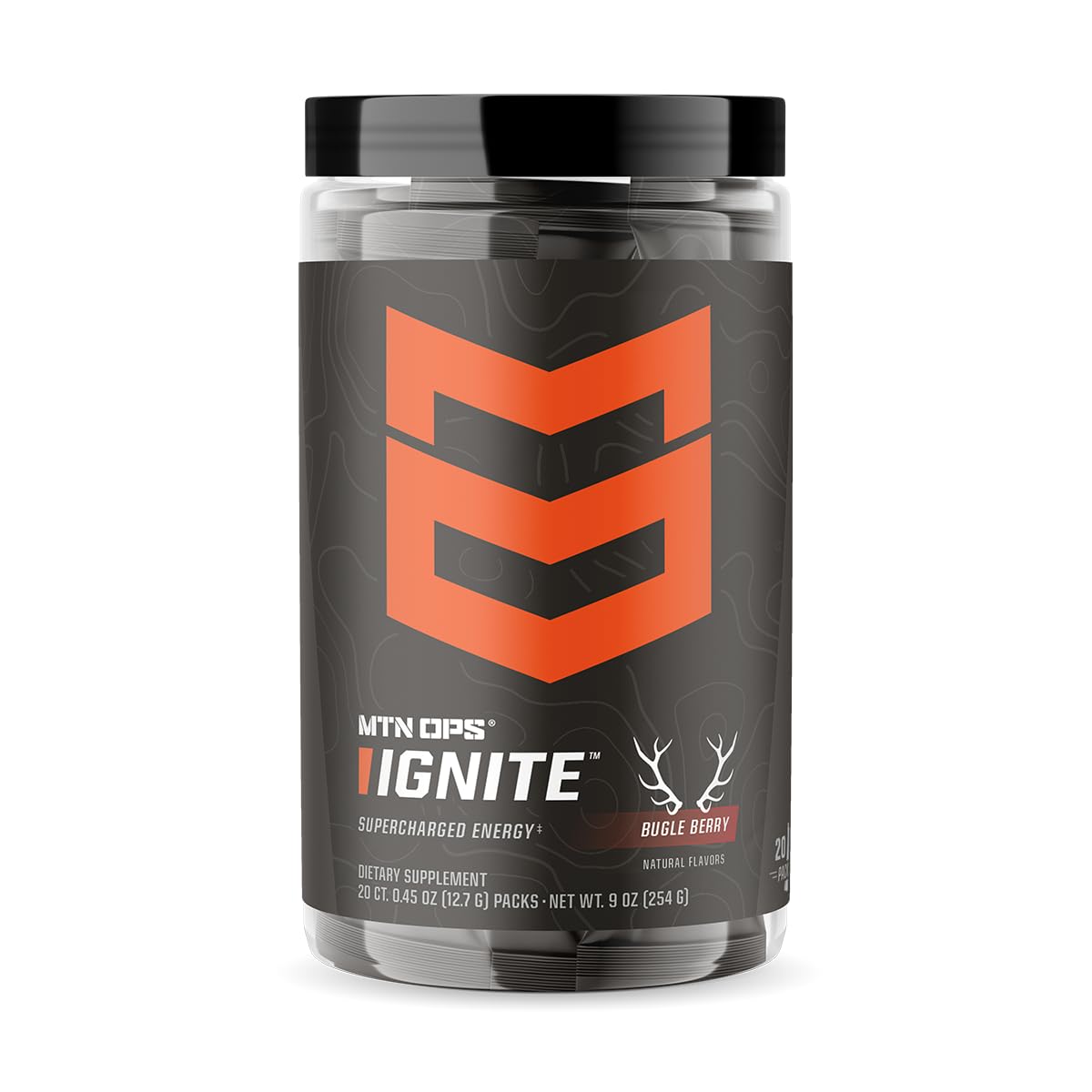 MTN OPS Ignite Trail Packs Energy Drink Powder - Gluten Free Nitric Oxide Supplement with L Arginine, L Citrulline, Caffeine & Nootropic - Sugar Free Drink Mix, 20 Servings - Bugle Berry Flavor