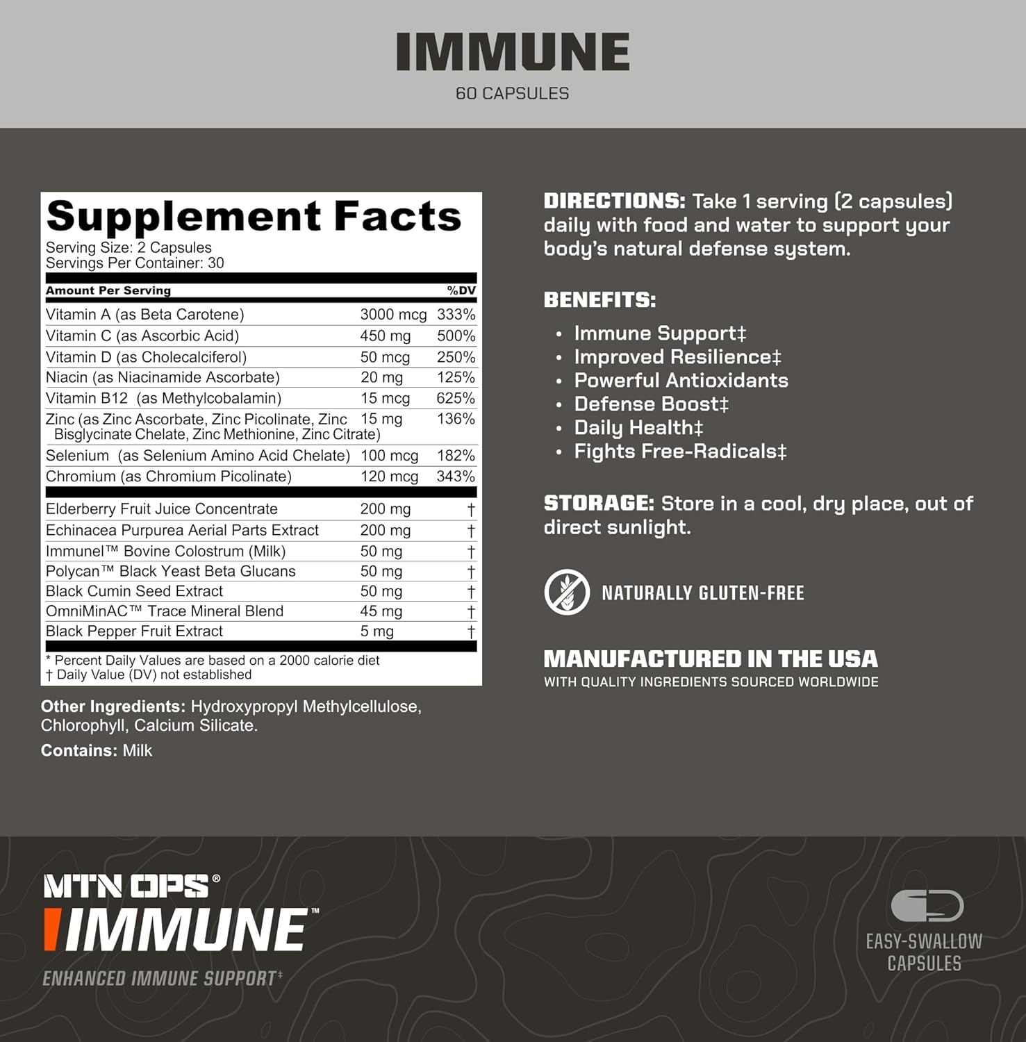 MTN OPS Immune Support Capsules with Vitamin D, C, Zinc, Elderberry, Echinacea - 60 Capsules