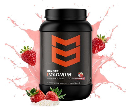 MTN OPS Magnum Strawberries & Cream Protein Powder - 23g Whey Isolate & Milk Protein, BCAAs, Sugar-Free, Gluten-Free - 30 Servings