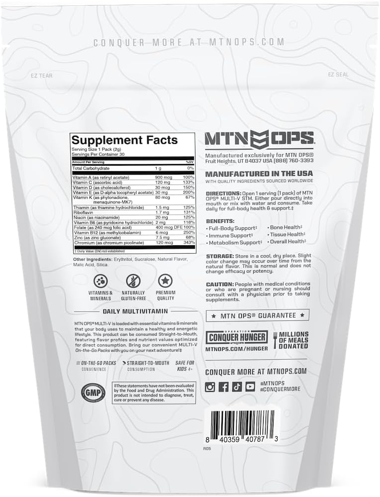 MTN OPS Multi-V Daily Multivitamin for Women & Men Immune Support Kids Safe Gluten Free Variety Flavors 30 Servings