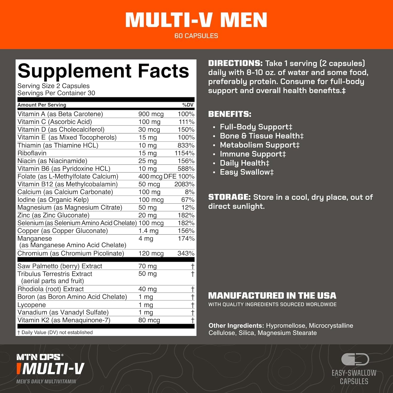 MTN OPS Multi-V Men's Vegetarian Multivitamin Capsules - Daily Essential Vitamin Complex (60 Capsules)