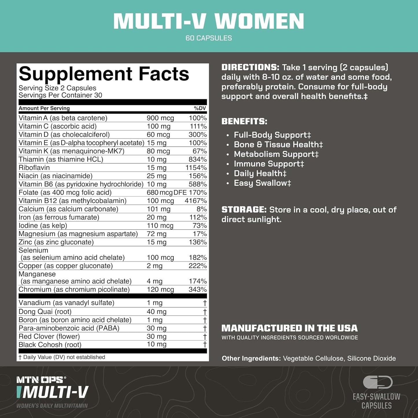MTN OPS Multi-V Women's Daily Multivitamin Capsules, Vegetarian Formula, 60 Capsules - 30 Day Supply