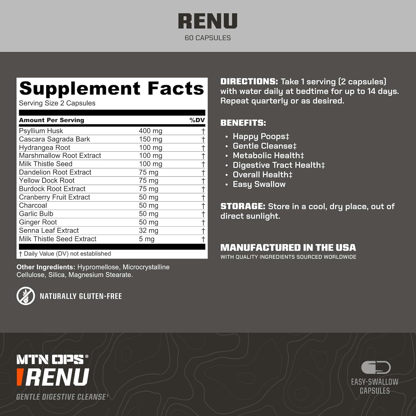 MTN OPS Renu: Psyllium Husk Powder Capsules for Digestive Health & Metabolism, 60 ct, 30 Servings