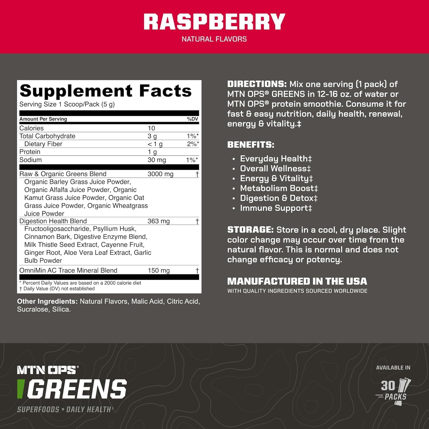MTN OPS Super Greens Powder - Immune Health & Energy Drink with Digestive Support Blend, Chlorophyll-Rich Greens - 30 On-The-Go Packs