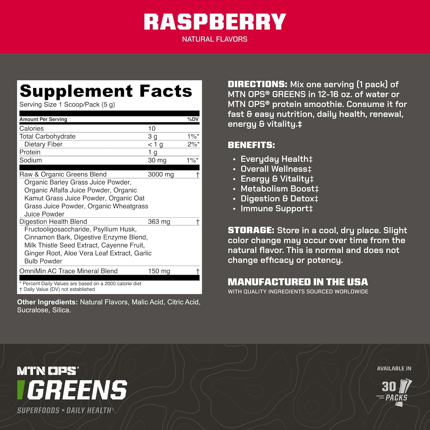 MTN OPS Super Greens Powder - Immune Health & Energy Drink with Digestive Support Blend, Chlorophyll-Rich Greens - 30 On-The-Go Packs